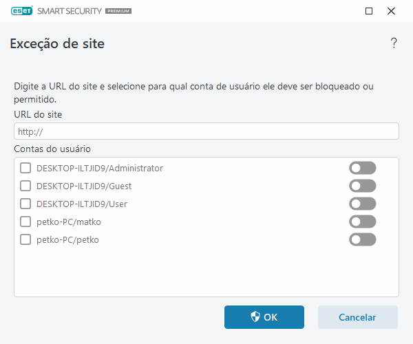 Exceção de site Exceção de site