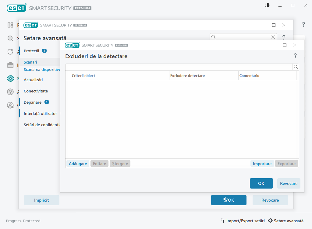 Excluderi de la detectare Excluderi de la detectare