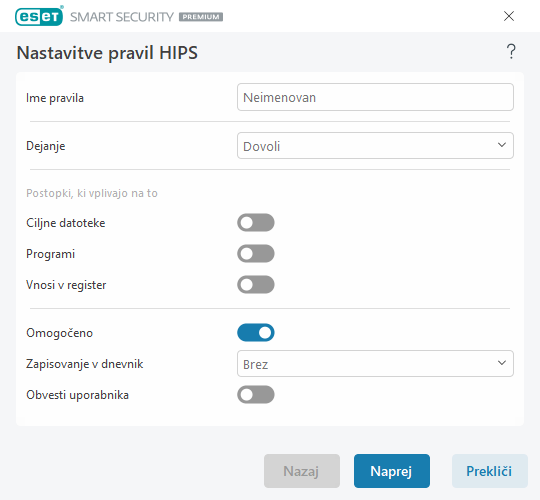 Nastavitve pravil HIPS