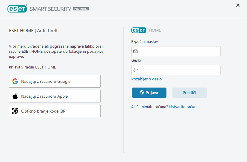 Prijava v račun ESET HOME