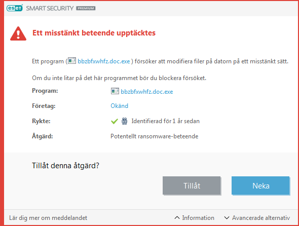 Ett potentellt ransomware-beteende upptäcktes