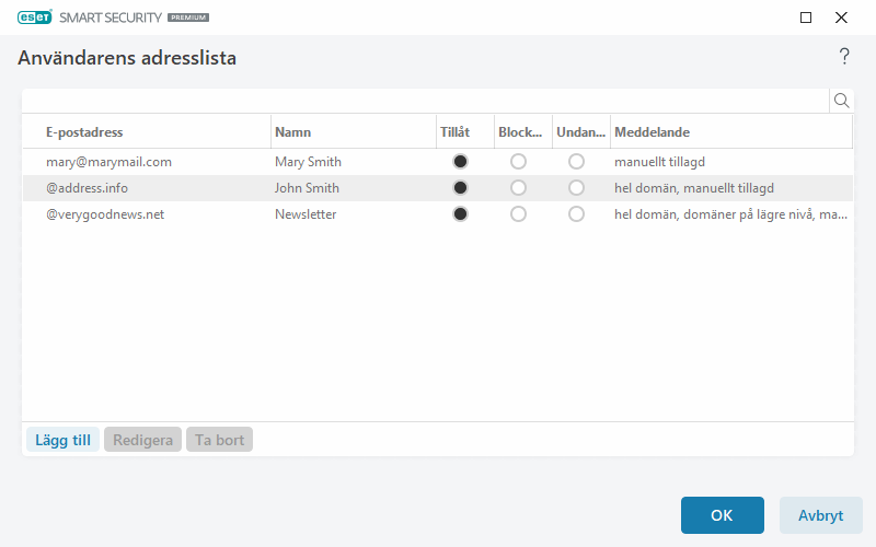 Användarens adresslista Användarens adresslista