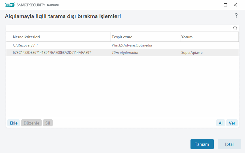 Algılamayla ilgili tarama dışı bırakma işlemleri