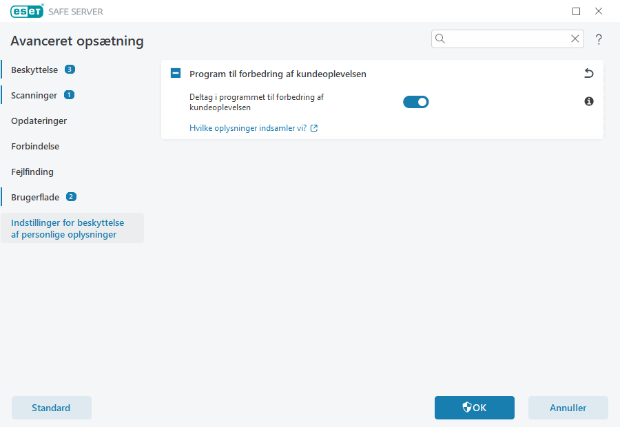 Indstillinger for beskyttelse af personlige oplysninger Indstillinger for beskyttelse af personlige oplysninger