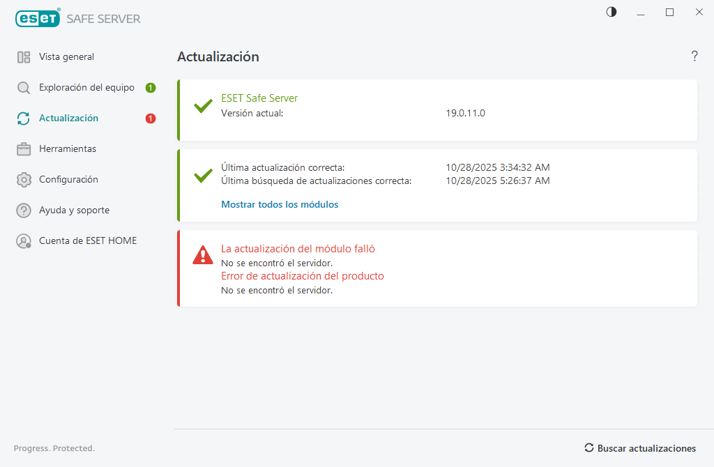 La actualización del módulo falló