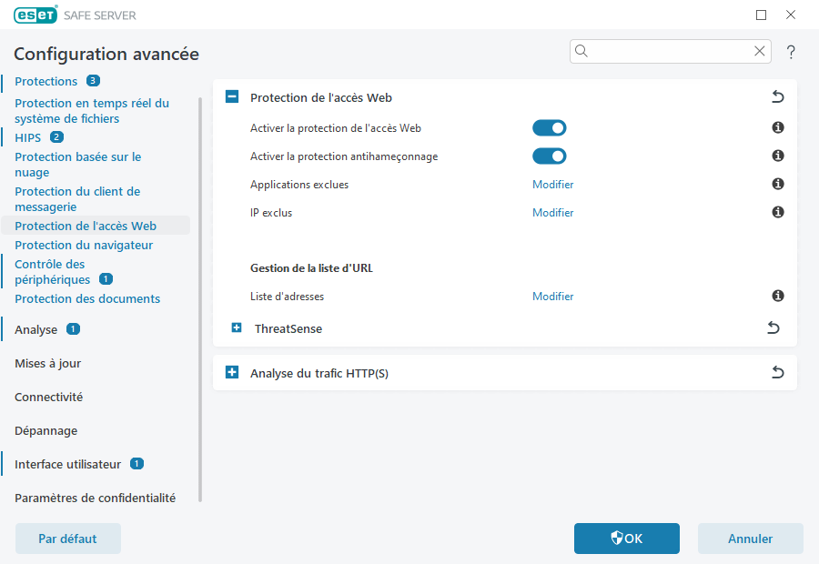 Protection de l'accès Web Protection de l'accès Web