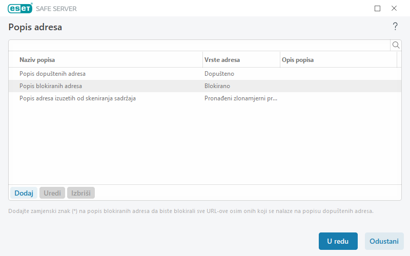 Upravljanje popisom URL adresa Upravljanje popisom URL adresa