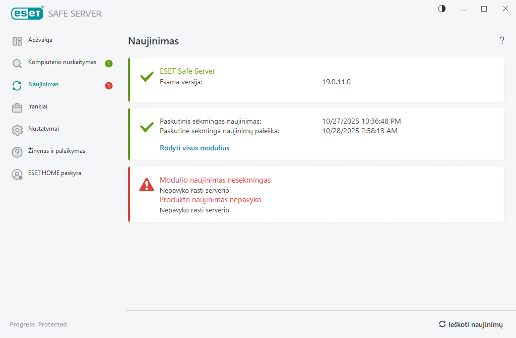 Modulio nepavyko atnaujinti