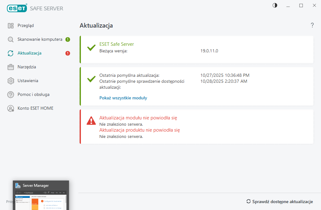 Aktualizacja modułu nie powiodła się Aktualizacja modułu nie powiodła się