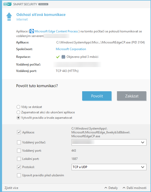 Odchozí síťová komunikace Odchozí síťová komunikace