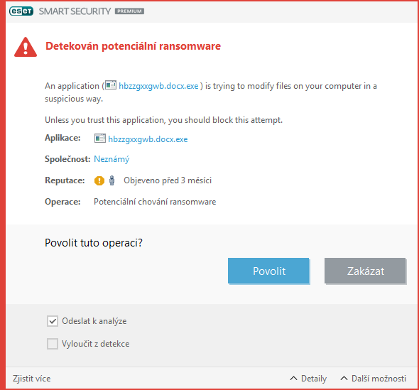 Detekován potenciální ransomware