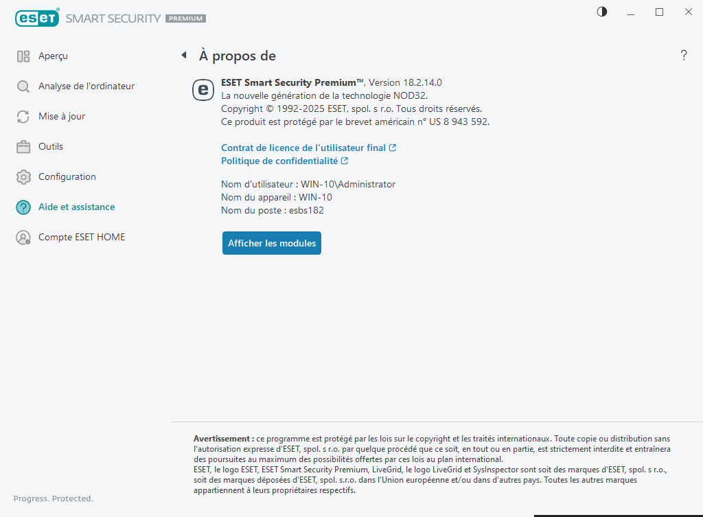 Informations détaillées sur la version installée