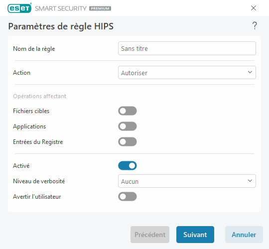Paramètres de règle HIPS