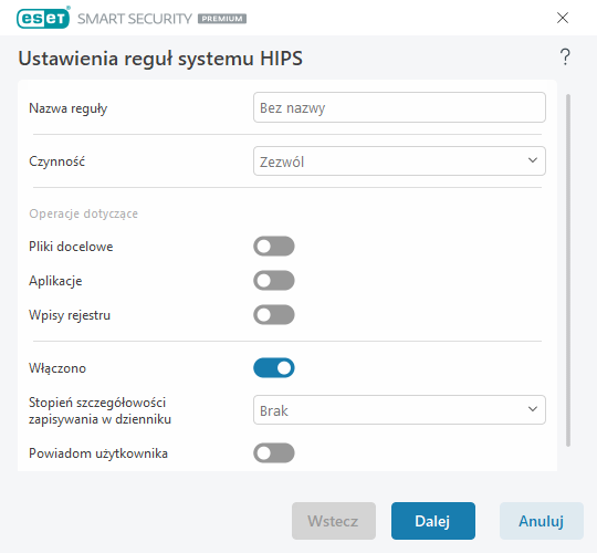 Ustawienia reguł systemu HIPS