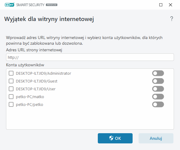 Wyjątek dla witryny internetowej