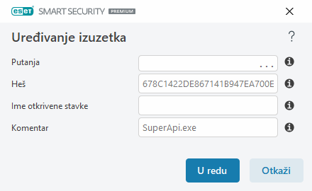 Uređivanje izuzetka