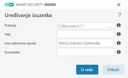 Uređivanje izuzetka
