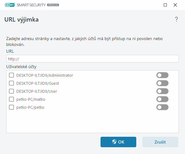 URL výjimka URL výjimka