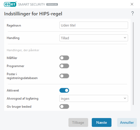 Indstillinger for HIPS-regel Indstillinger for HIPS-regel