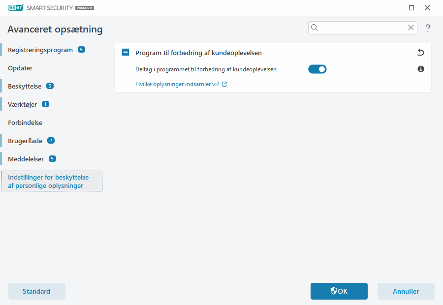 Indstillinger for beskyttelse af personlige oplysninger