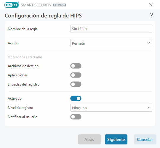 Configuración de regla de HIPS