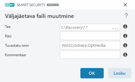 Väljajäetava faili muutmine Väljajäetava faili muutmine
