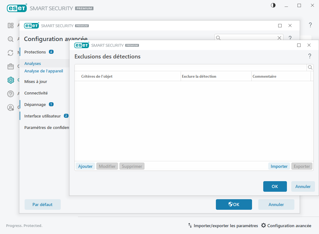 Exclusions des détections
