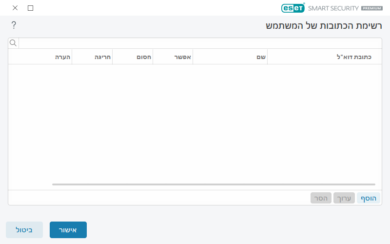 רשימת הכתובות של המשתמש רשימת הכתובות של המשתמש