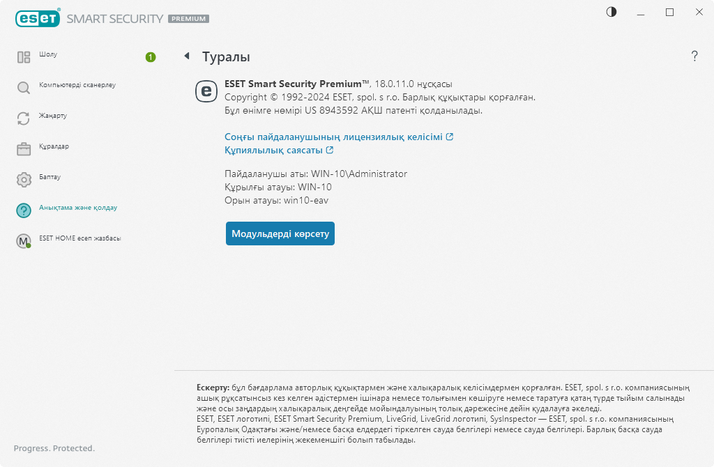 Орнатылған нұсқа туралы мәліметтер
