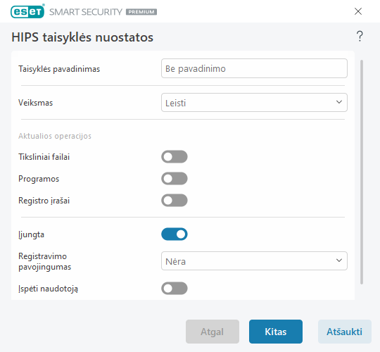 HIPS taisyklės parametrai HIPS taisyklės parametrai