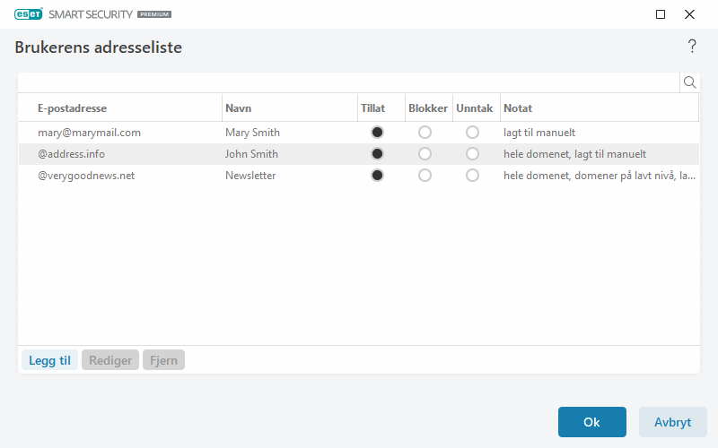 Brukerens adresseliste