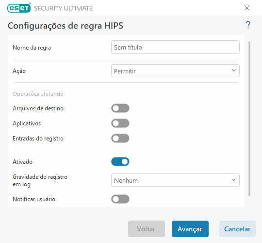 Configurações de regra HIPS