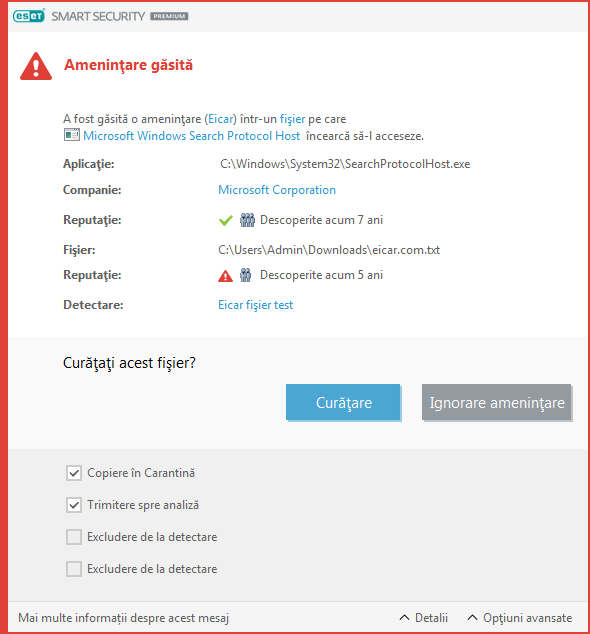 Amenințare găsită Amenințare găsită