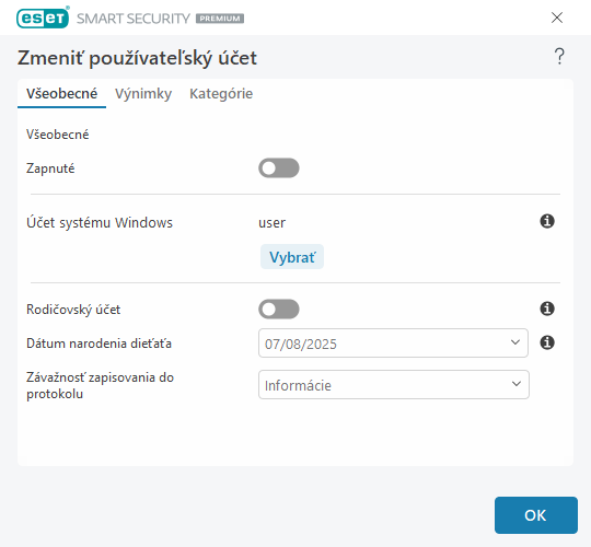 Zmeniť používateľský účet