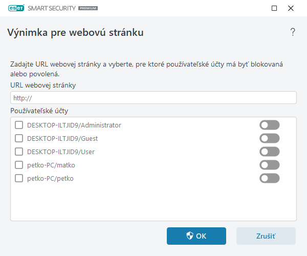 Výnimka pre webovú stránku