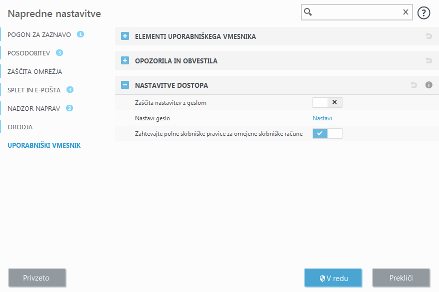 Nastavitve dostopa Nastavitve dostopa