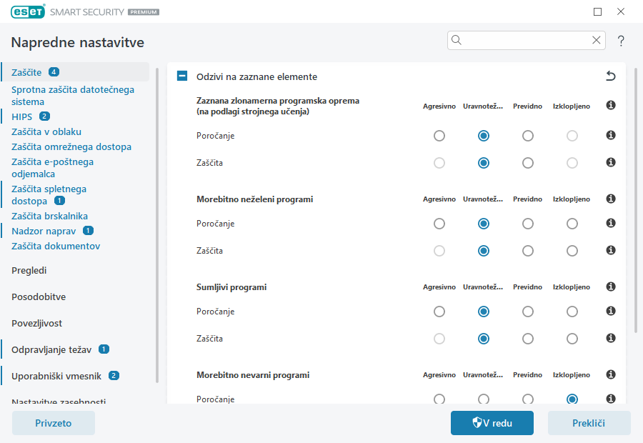 Napredne nastavitve Napredne nastavitve