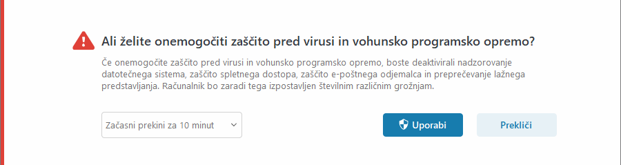 Onemogočenje obvestila o zaščiti pred protivirusno in protivohunsko programsko opremo Onemogočenje obvestila o zaščiti pred protivirusno in protivohunsko programsko opremo
