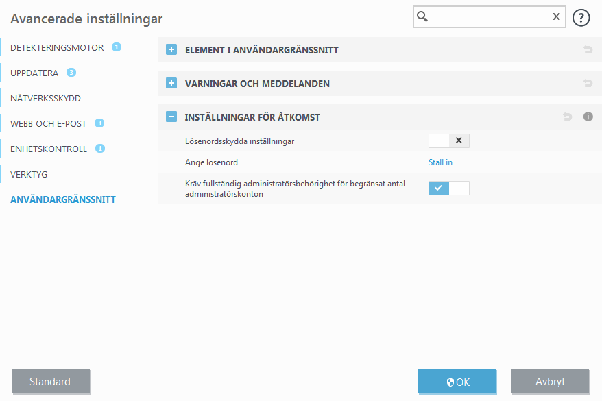 Inställningar för åtkomst