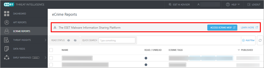 Access eCrime MISP button in the eCrime Reports section Access eCrime MISP button in the eCrime Reports section