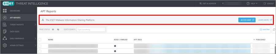 Access MISP button in the APT Reports section