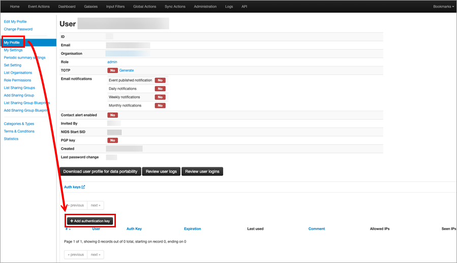 Adding a new eCrime MISP Auth key Adding a new eCrime MISP Auth key