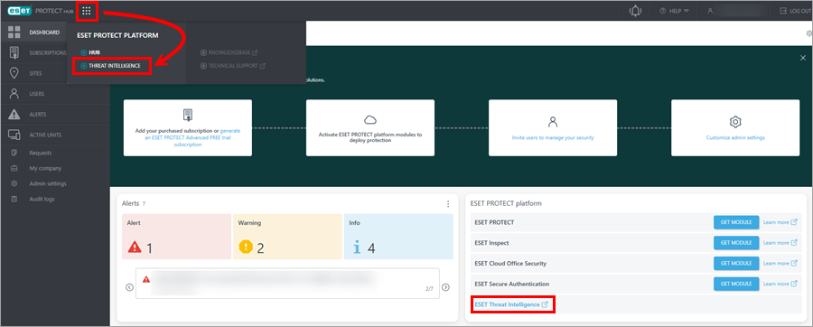 ESET Threat Intelligence displayed in the ESET PROTECT Hub navigation menu and Dashboard ESET Threat Intelligence displayed in the ESET PROTECT Hub navigation menu and Dashboard