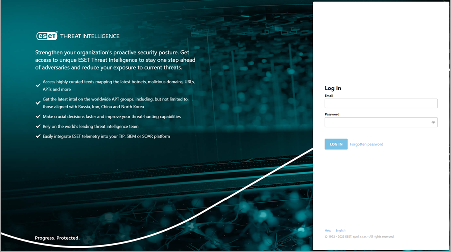 The ESET Threat Intelligence login page