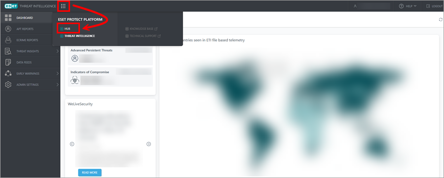 The ESET PROTECT Hub displayed in the ESET Threat Intelligence portal navigation menu The ESET PROTECT Hub displayed in the ESET Threat Intelligence portal navigation menu