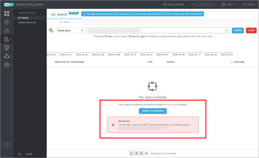 IoC search result from Reputation services and the Search in metadata feature