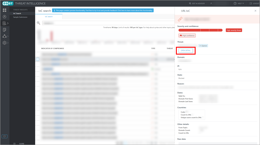Opening threat details by clicking the Open Details button