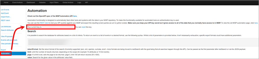 MISP API key value displayed on the Automation page