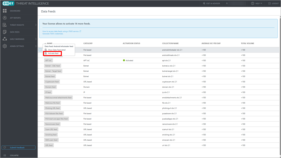 Data feed activation by selecting the Activate feed option