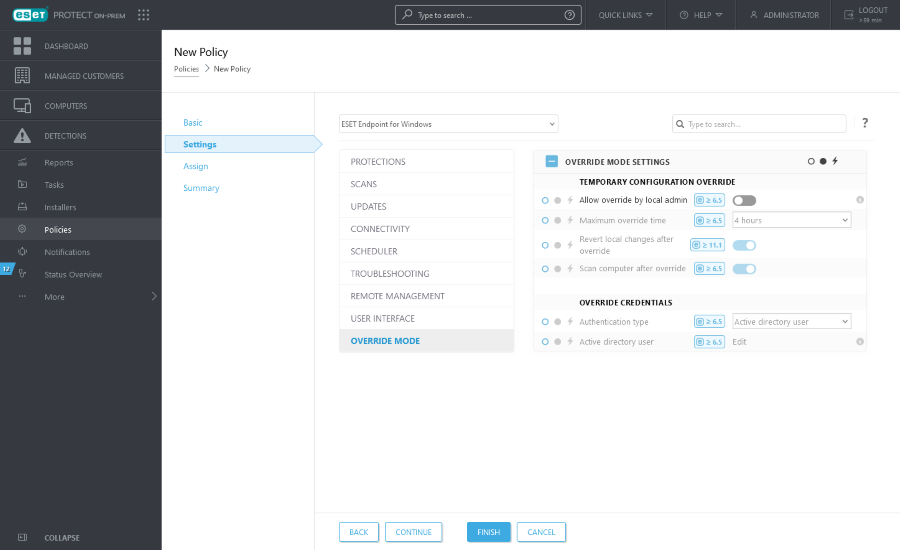 Override mode in the New Policy settings